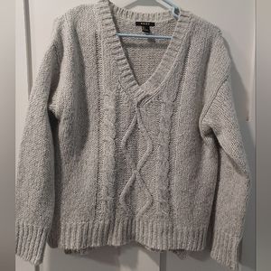 FOREVER21 Women's Grey V-Neck Cable Knit Sweater, Small